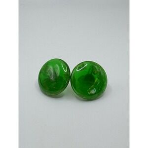 Vintage Bakelite Button Screw On Earrings Translucent Apple Spinach Green Marble
